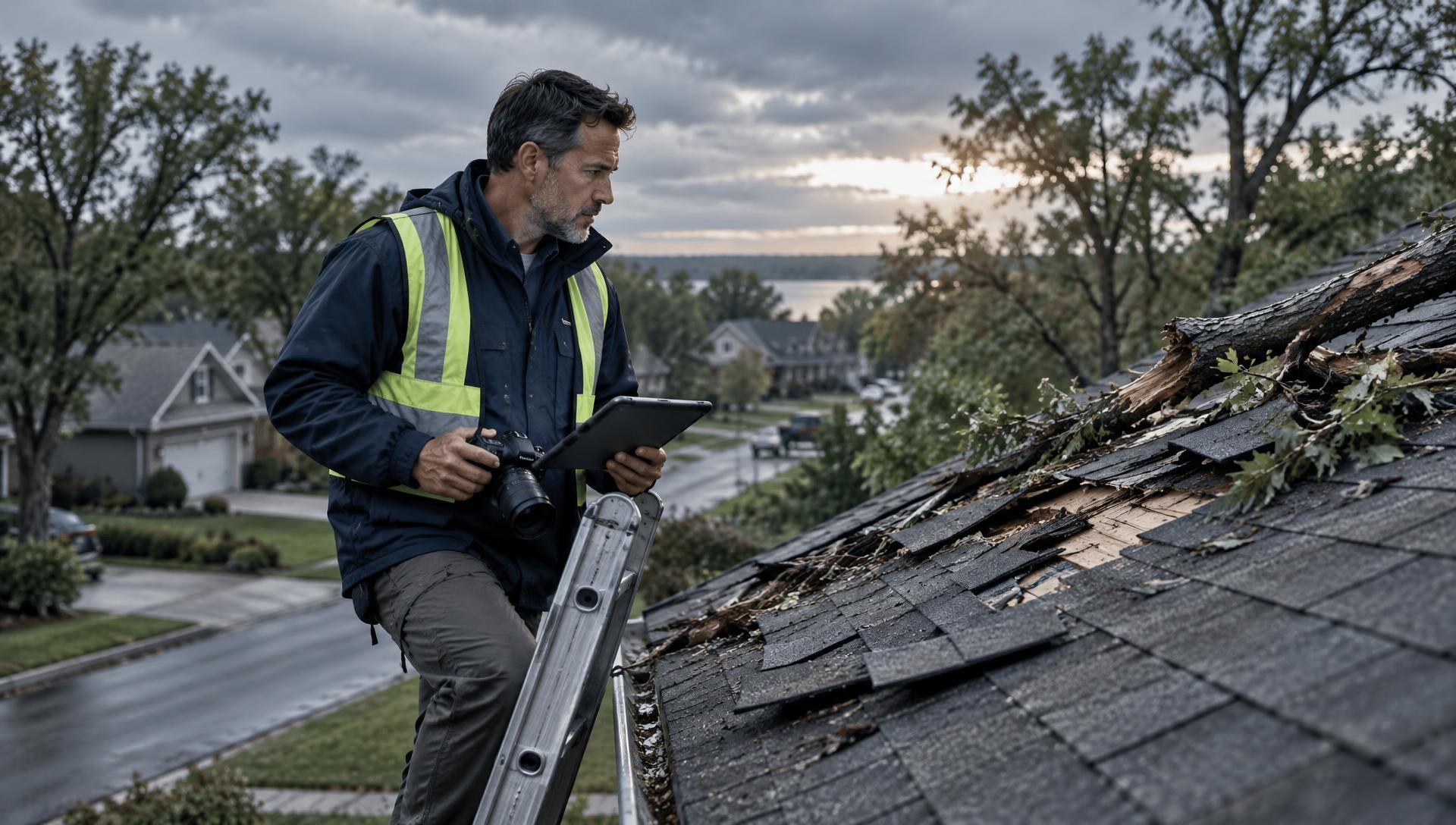 Independent adjuster on a ladder inspecting storm-damaged roof with a tablet and camera