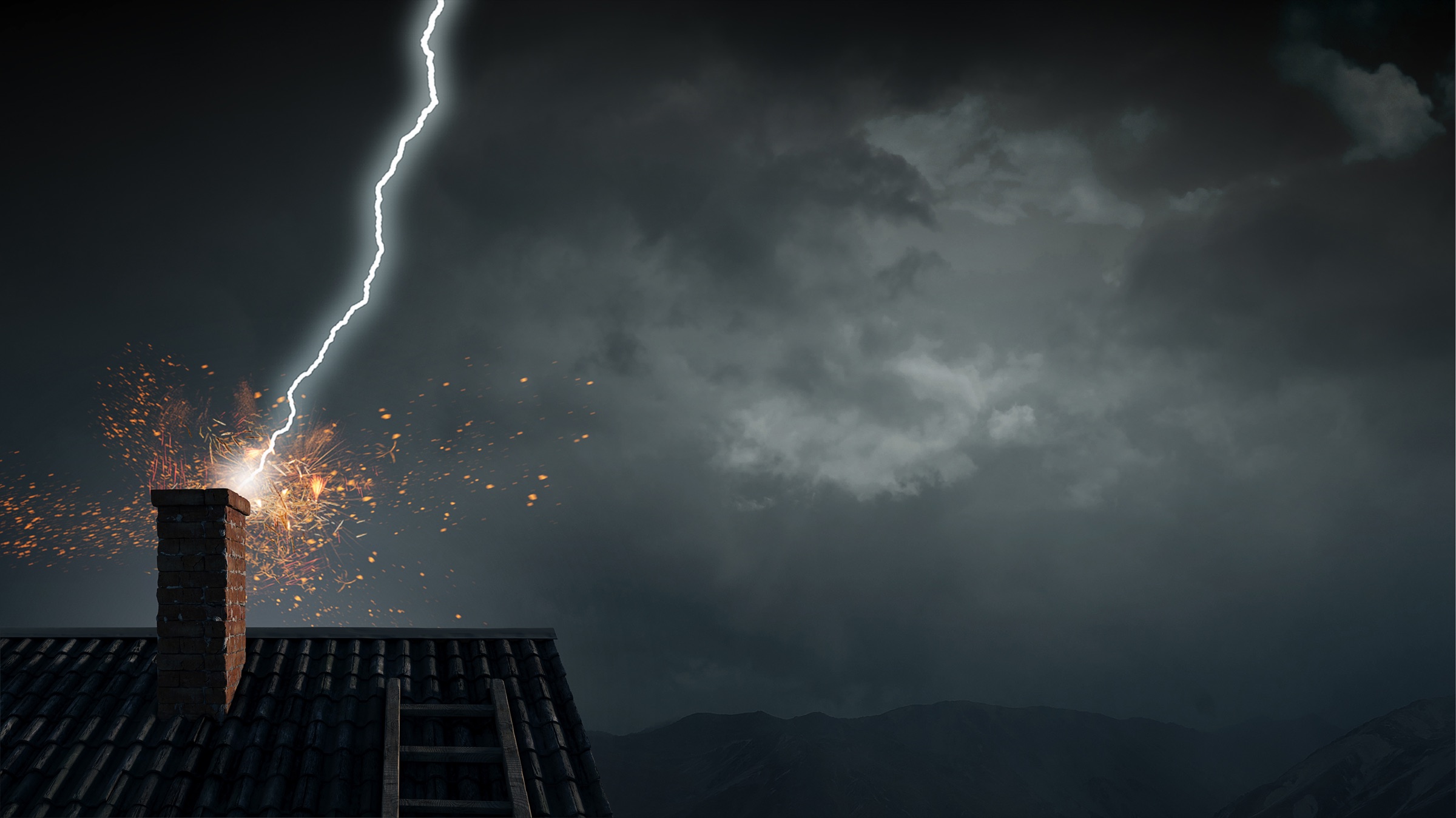 Lightning strike over open ground during a severe storm