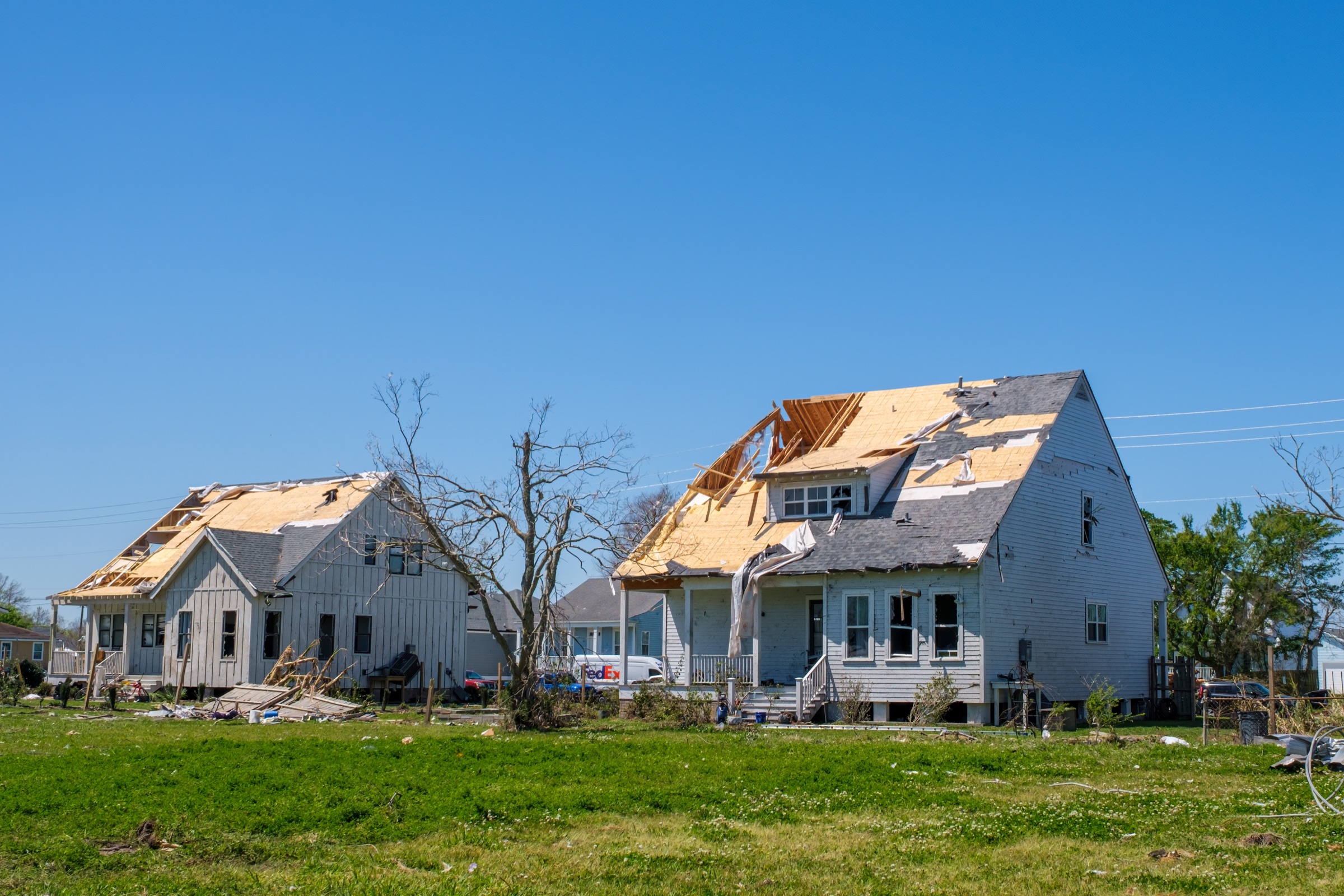 Homes with major roof damage after a severe storm